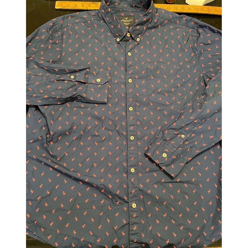 American Eagle Outfitters Mens XXL Flamingo Print Button Down Shirt Navy Blue